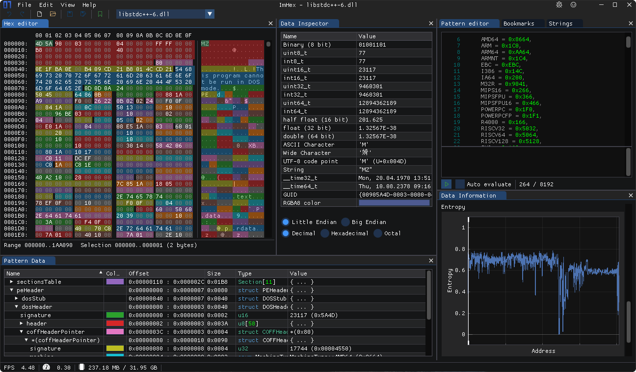 Hex editor and pattern language view